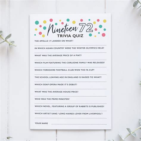 Fun Facts Quiz About 1972 Trivia Game Printable Birthday Party Etsy