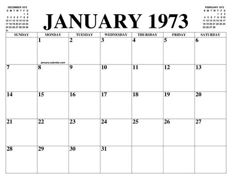 1973 January Calendar