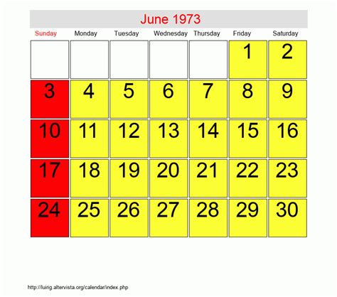 1973 June Calendar