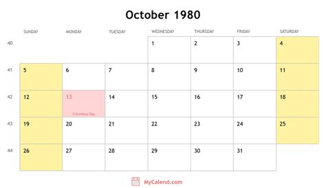 1980 October Calendar