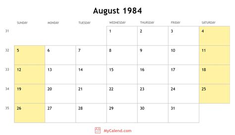 1984 August Calendar