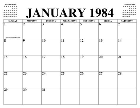 1984 January Calendar