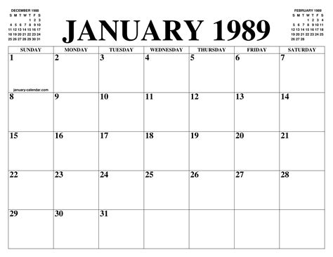 1989 January Calendar