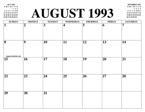 1993 August Calendar