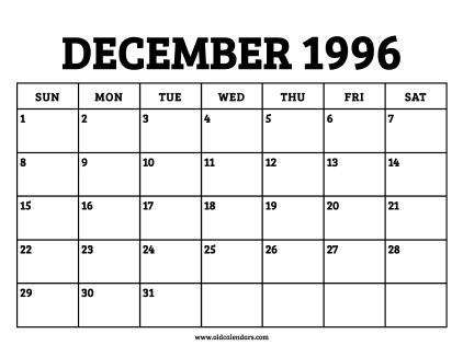 1996 December Calendar