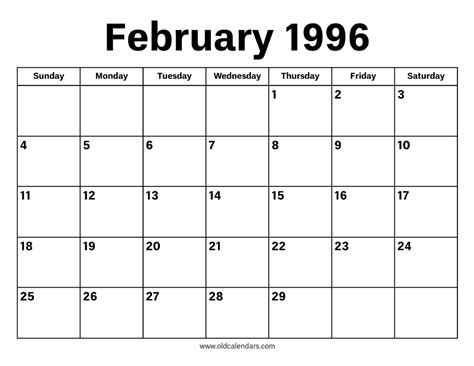 1996 Feb Calendar