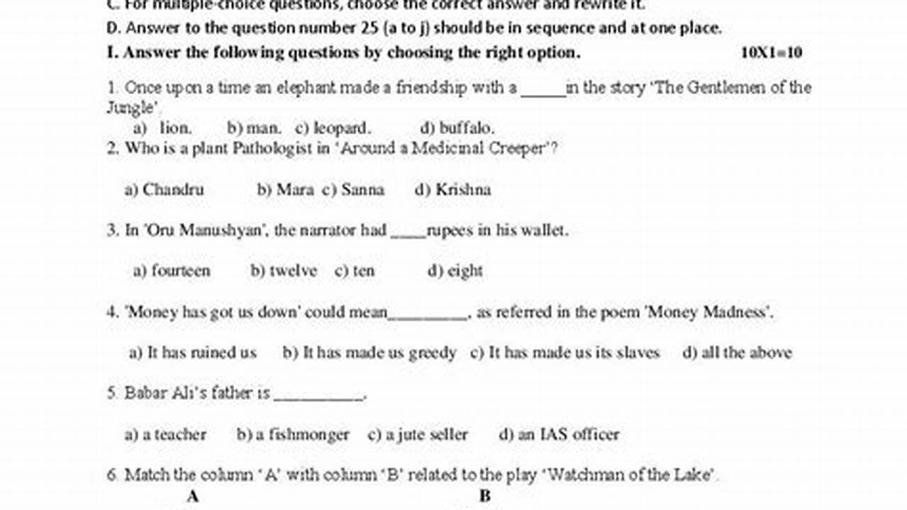 1st Puc English Model Question Paper 2024