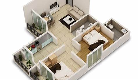 2 Bedroom Simple House Floor Plan Design 3d 3D Two Layout s 449 Interior