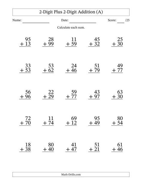 2 Digit Plus 2 Digit Addition Worksheets