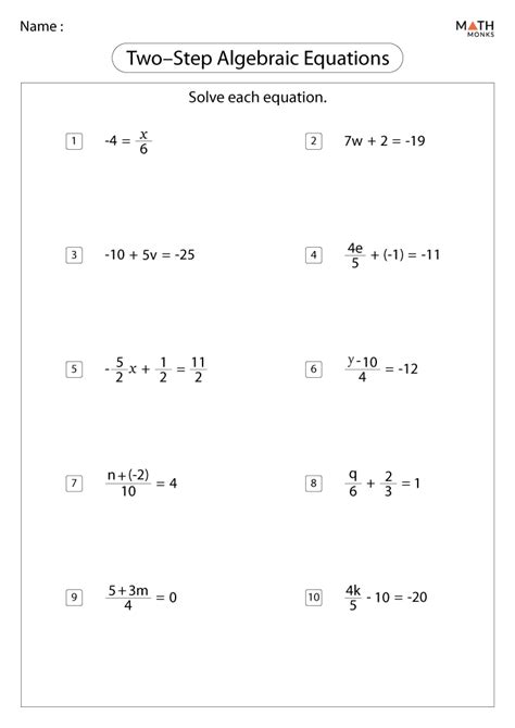 2 Step Algebra Equations Worksheets