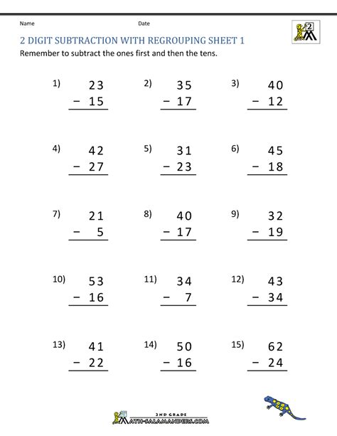 2 digit subtraction regrouping printable template