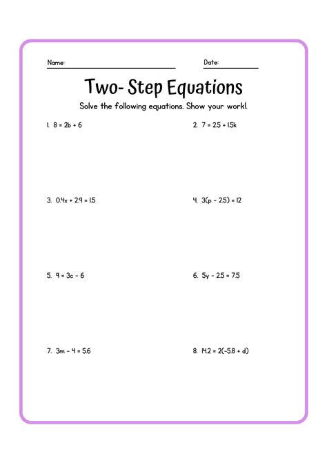 2 step equations division printable template