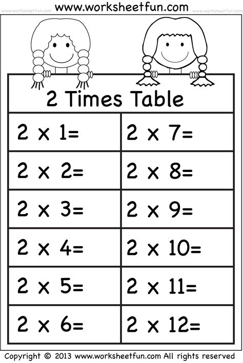 2 times table worksheets for kindergarten