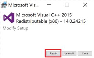 2. Repair Microsoft Visual C++ 2013 Redistributable