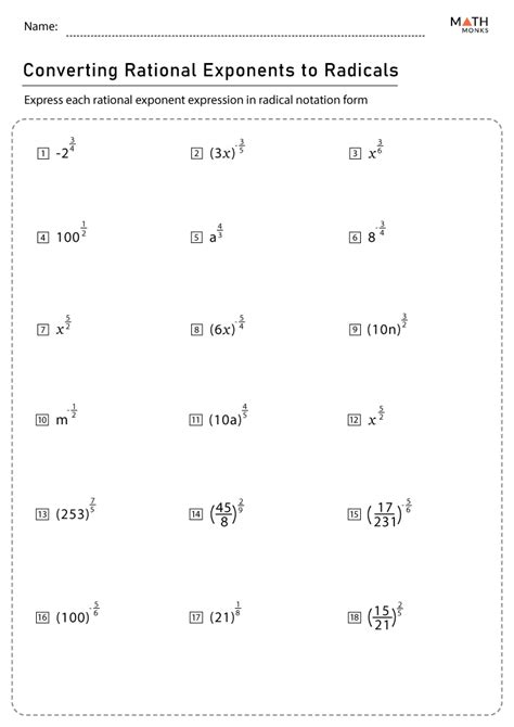 20 rational exponents and radical expression worksheet