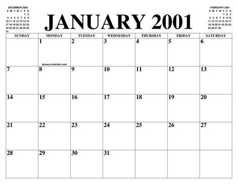 2001 Calendar January