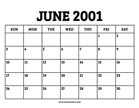 2001 June Calendar