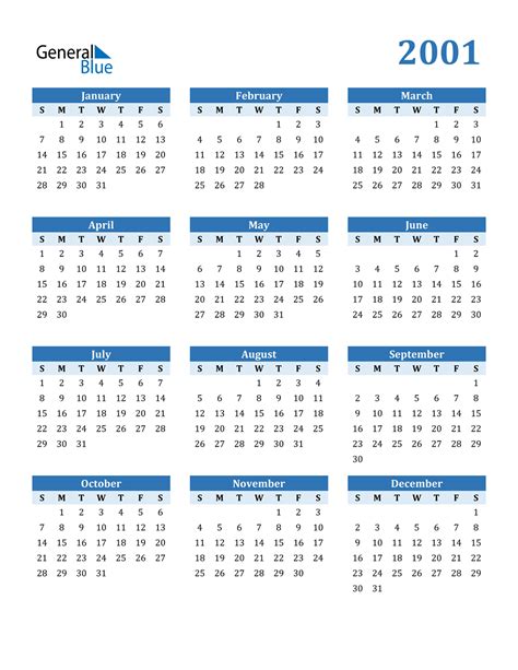 2001 Year Calendar