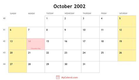 2002 Calendar October