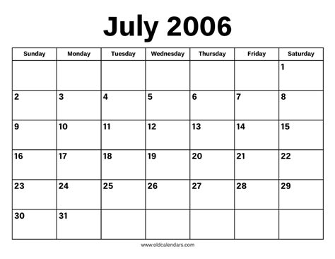 2006 Calendar For July