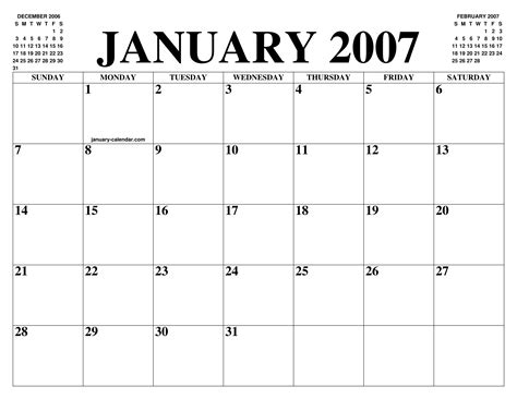 2007 January Calendar