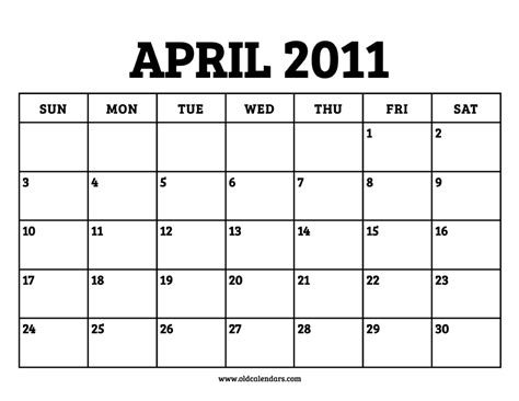 2011 Calendar April