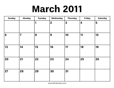 2011 March Calendar
