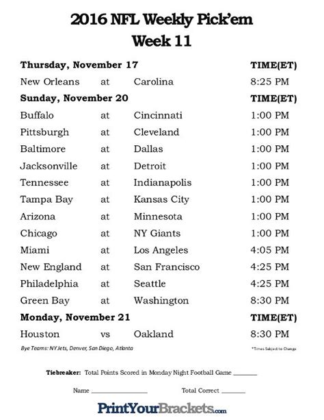 2011 Nfl Schedule Week 11 Printable