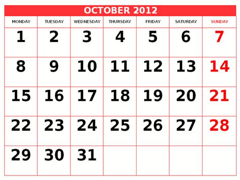 2012 Calendar For October
