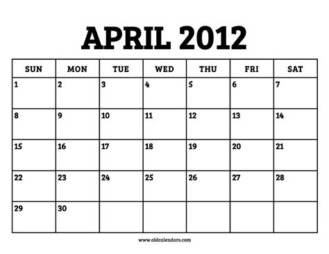 2012 Calendar April