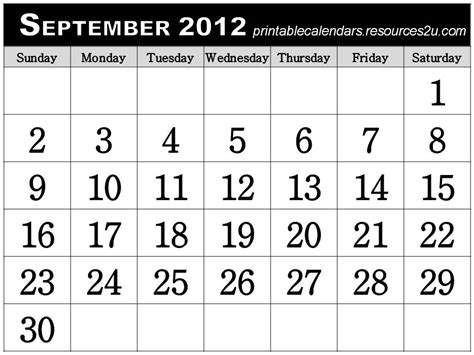 2012 Calendar For September