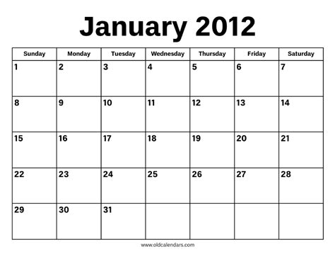 2012 Calendar January