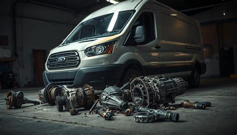 Close-up of a mechanic inspecting a 2012 Ford Transit transmission for leaks