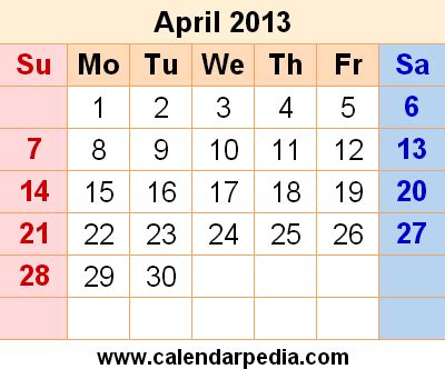 2013 April Calendar