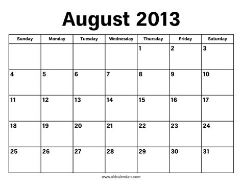 2013 Calendar August