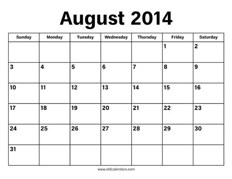 2014 Calendar Of August