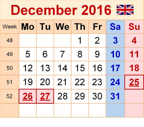 2016 Calendar For December