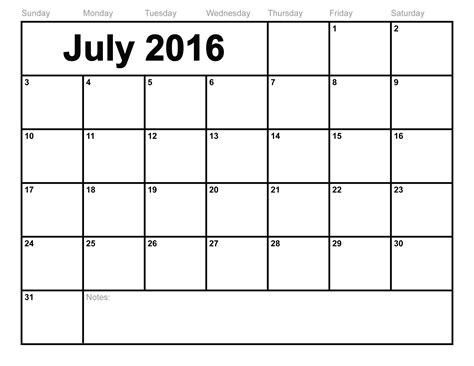 2016 July Calendar