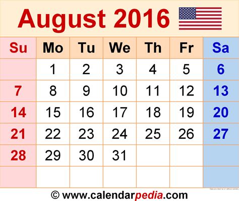 2016 August Calendar