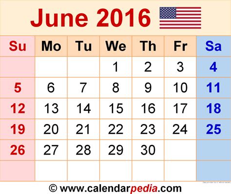 2016 June Month Calendar