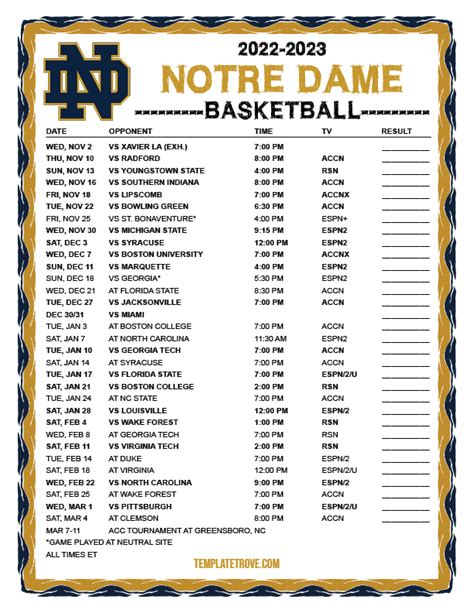 2016 notre dame basketball schedule