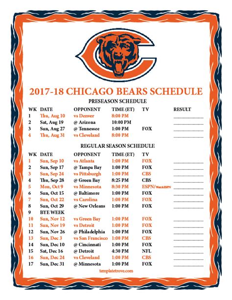 2017 chicago bears schedule