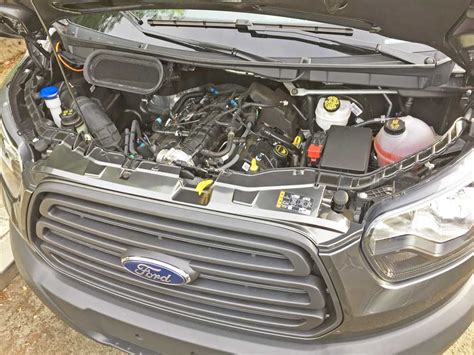 Close-up of the engine compartment of a 2017 Ford 350 Transit
