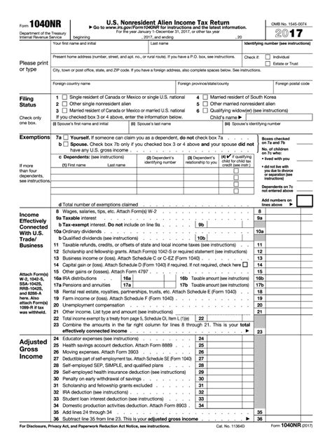 2017 irs income tax form 1040nr