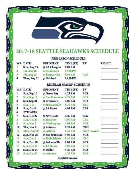 2017 nfl schedule printable seattle seahawks