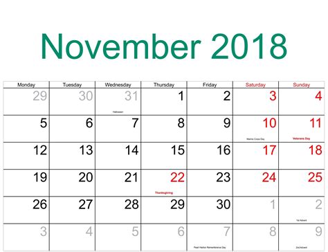 2018 Calendar For November