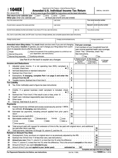 2018 irs income tax forms 1040x