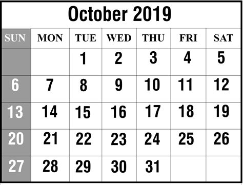 2019 Calendar October