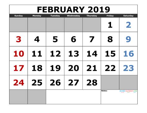 2019 February Calendar