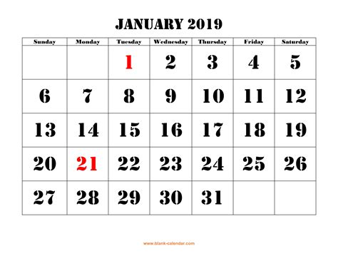 2019 January Calendar